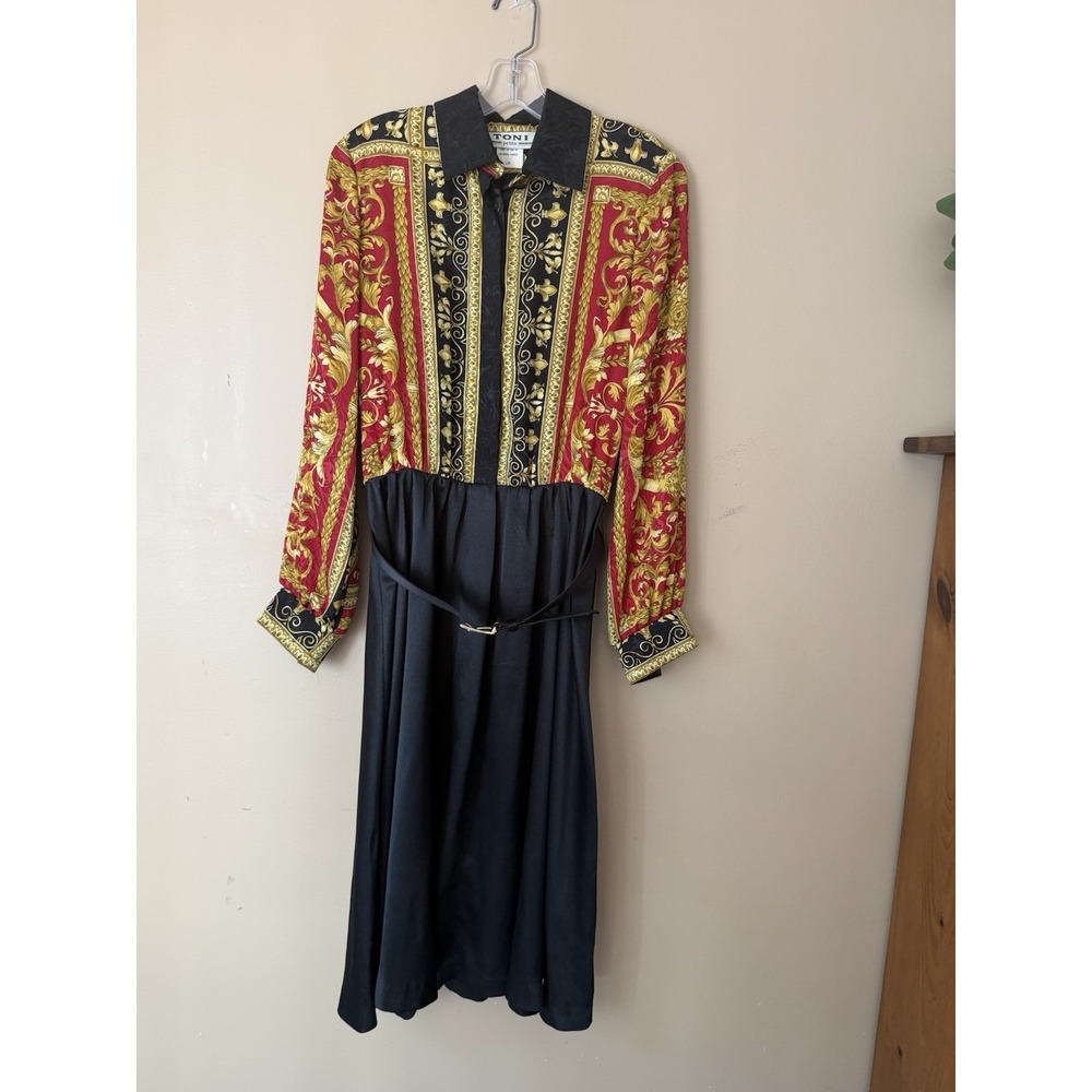 Vintage Toni Petite Baroque Scarf Print Dress Size 12P Belted Black Gold Red